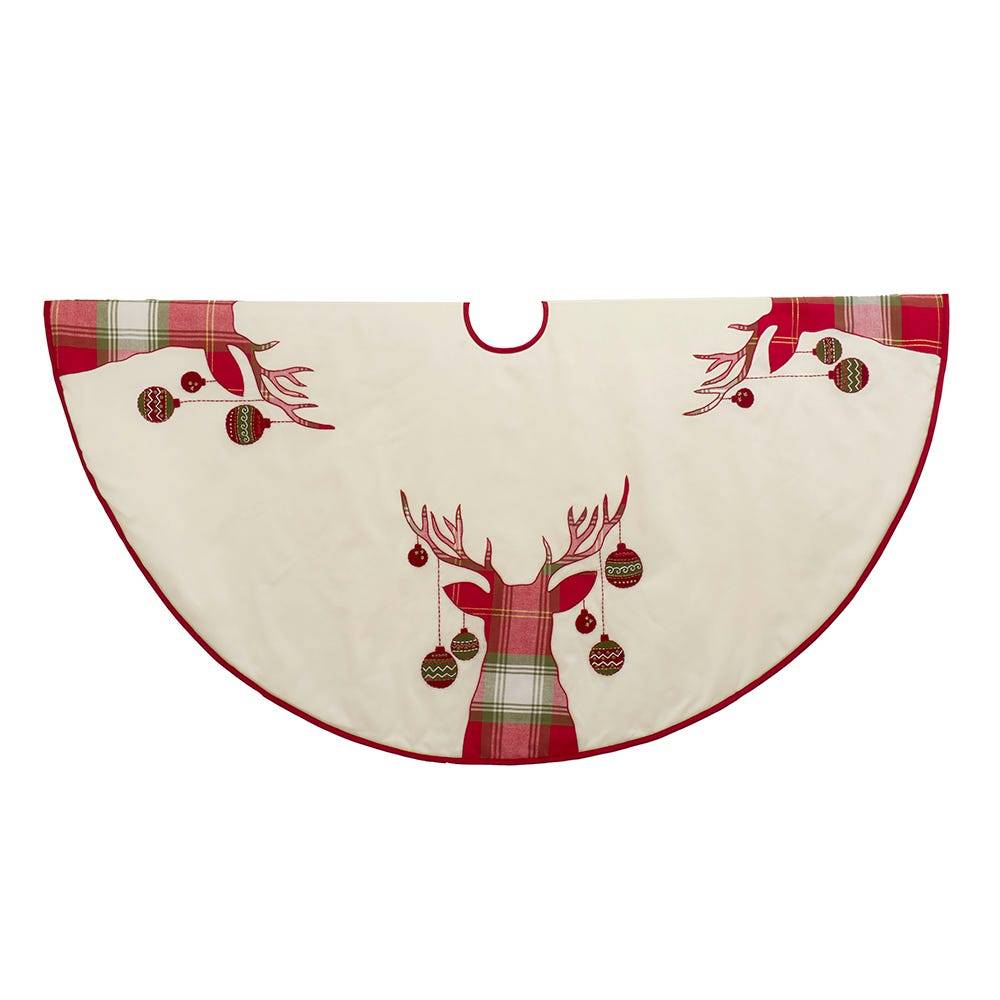 Kurt Adler 60-Inch Ivory Dupion Tree Skirt with Reindeer Appliqué Embroidery