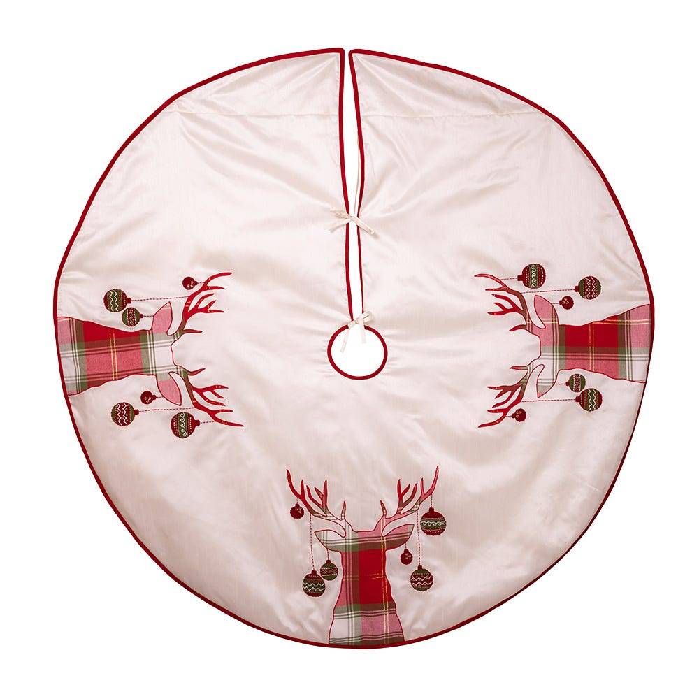 Kurt Adler 60-Inch Ivory Dupion Tree Skirt with Reindeer Appliqué Embroidery