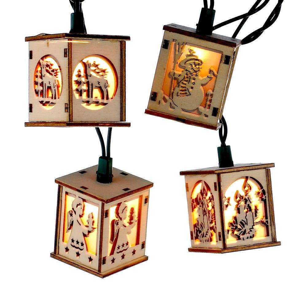 Kurt Adler UL 10-Light Wooden Lantern Light Set