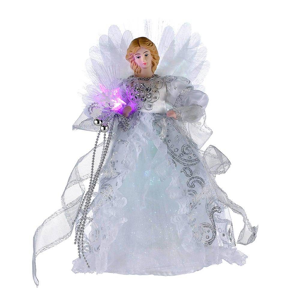 Kurt Adler 12-Inch CUL White/Silver Fiber Optic LED Angel Treetop