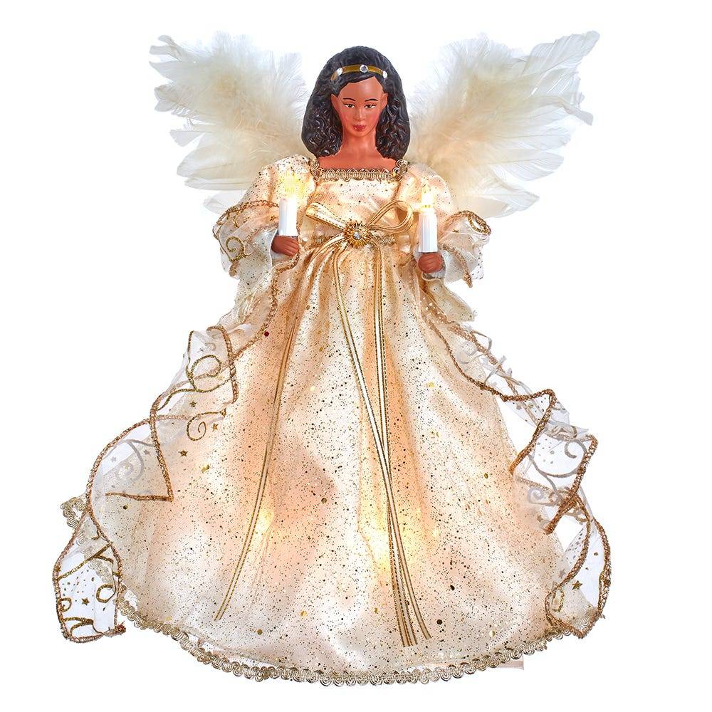 Kurt Adler 12-Inch UL 10-Light Ivory & Gold African American Angel Treetop