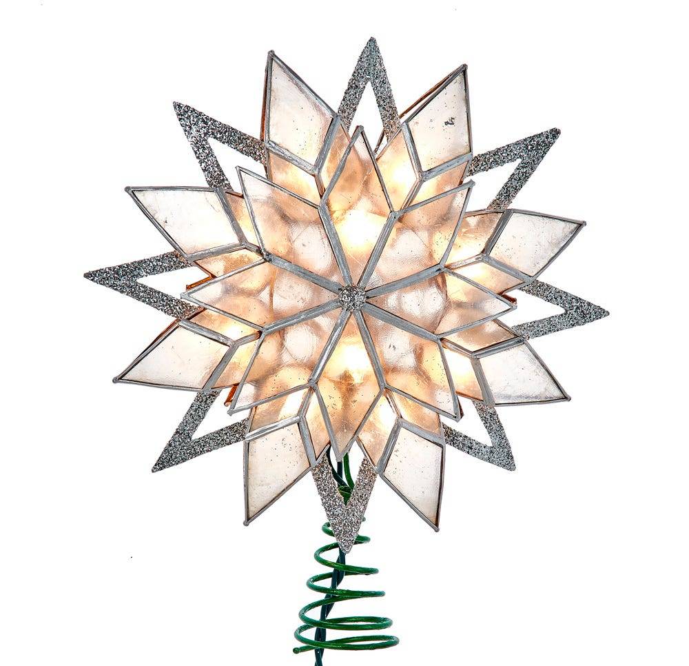 Kurt Adler 10-Light 8-Point Silver Glitter Capiz Star Tree Topper