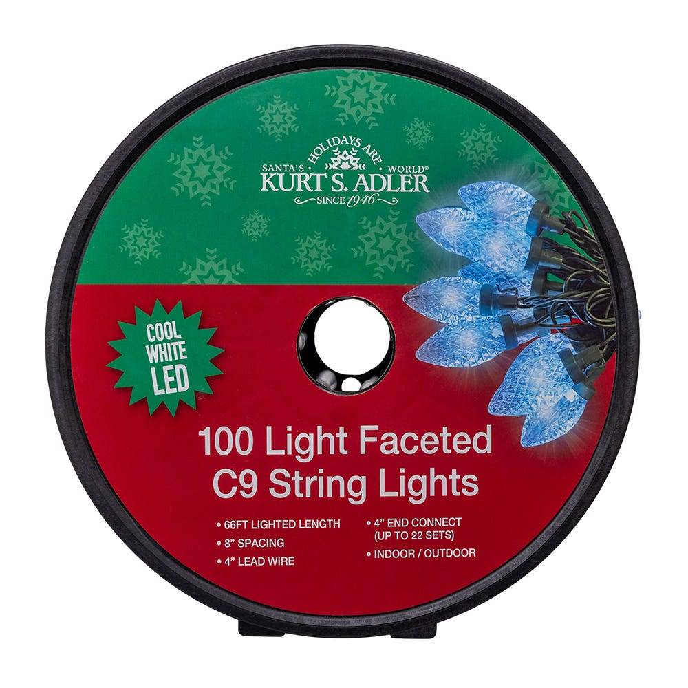 Kurt Adler 50-Foot UL 100-Light Cool White LED Faceted C9 Green Wire String Lights