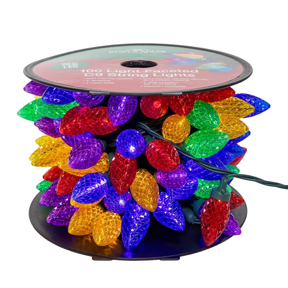 Kurt Adler 50-Foot UL 100-Light Multicolor LED Faceted C9 Green Wire String Lights