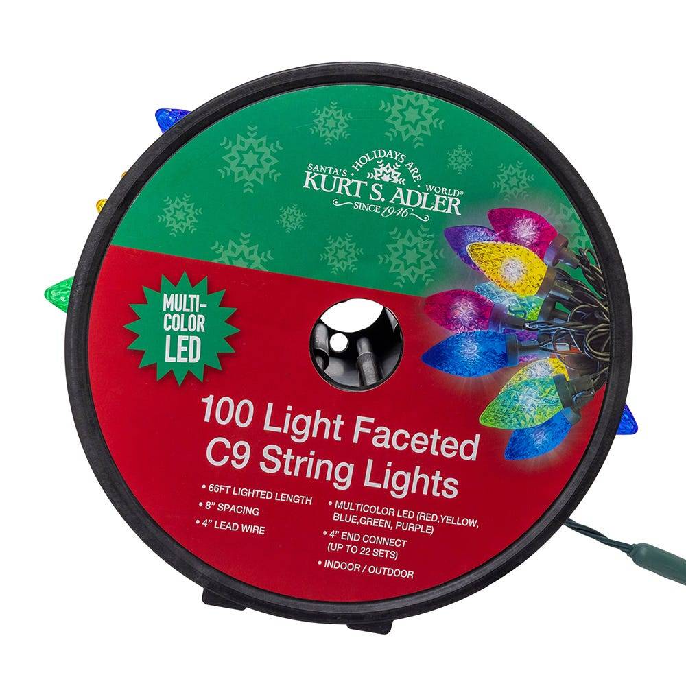 Kurt Adler 50-Foot UL 100-Light Multicolor LED Faceted C9 Green Wire String Lights