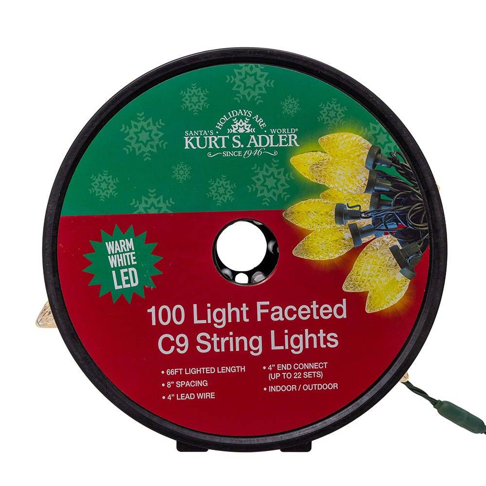 Kurt Adler 66-Foot UL 100-Light Warm White LED Faceted C9 Green Wire String Lights