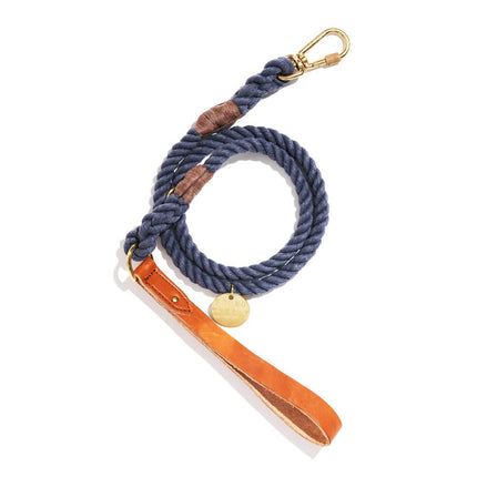 Up-Cycled Blue Jean Rope Leash, Standard Tan Leather Handle