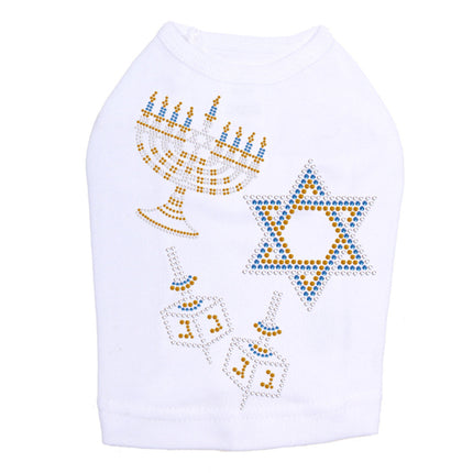 Menorah, Dreidel & Star of David (Blue & Gold) - Dog Tank