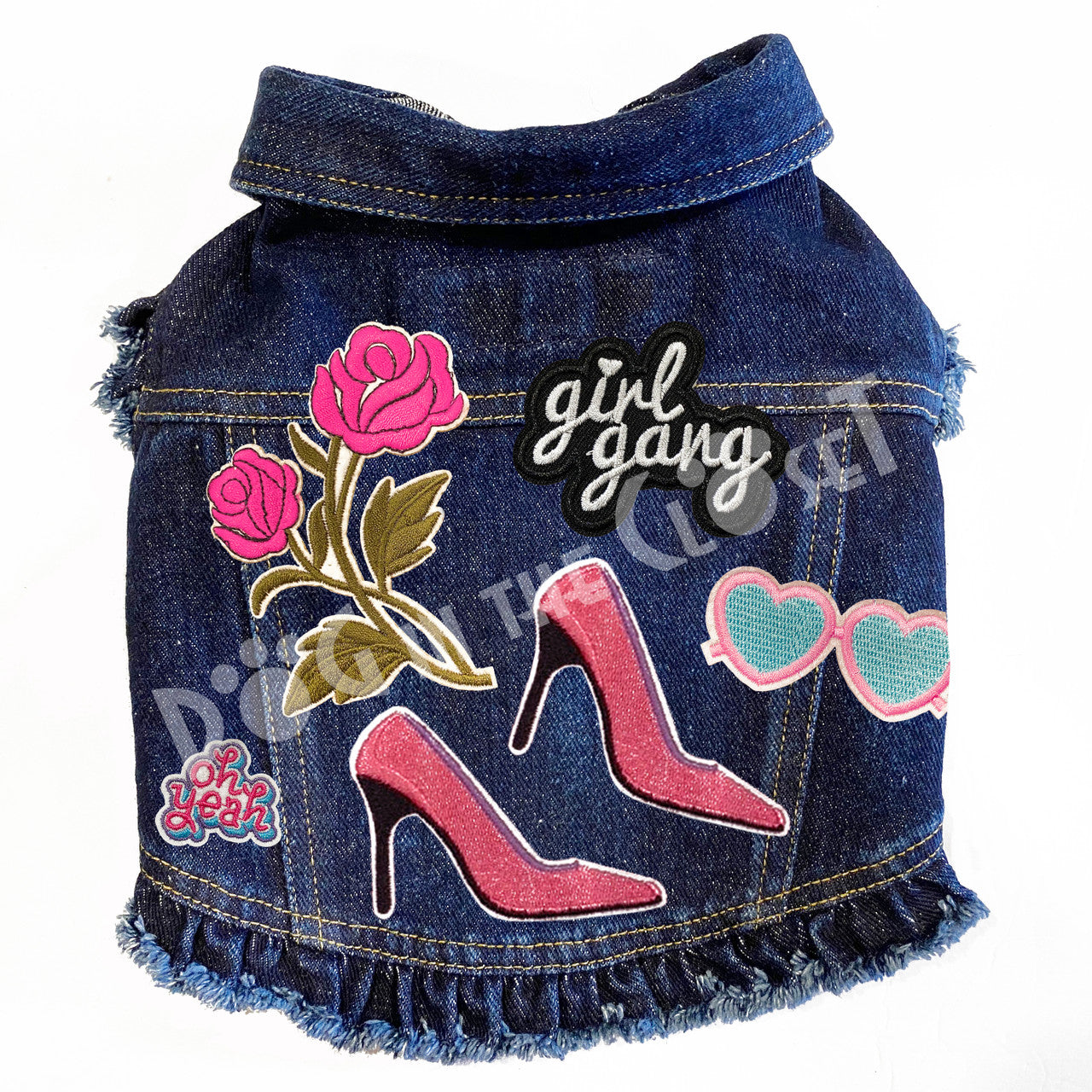 Pink High Heels Denim Dog Jacket Pink Denim with Ruffles