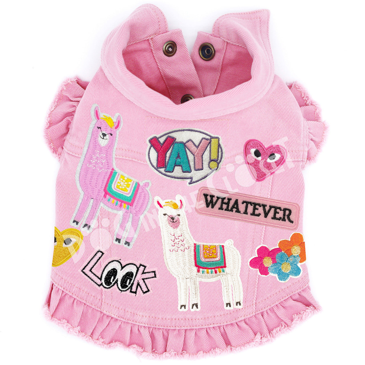 Yay for Llamas Denim Dog Jacket Pink Denim with Ruffles