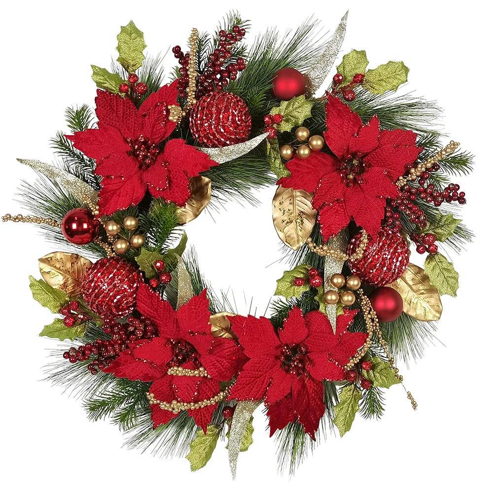 Kurt Adler 24-Inch Unlit Gold and Red Poinsettia Wreath