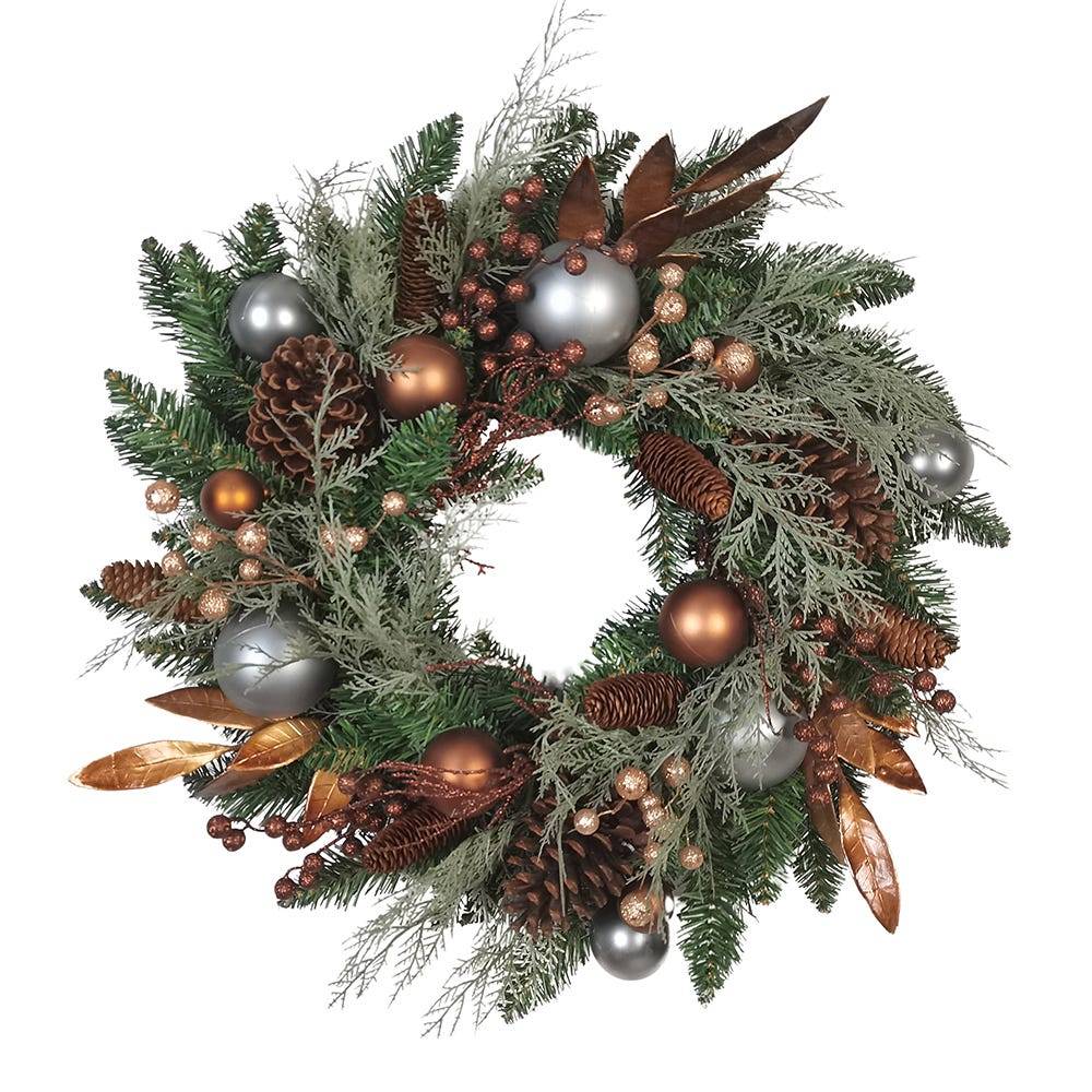 Kurt Adler 24-Inch Unlit Copper and Silver Balls Green Wreath