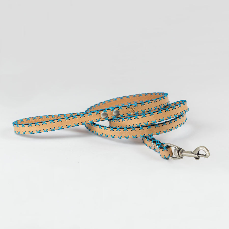 Natural Color Cowhide Leather Leash With Sky-Blue Weaves Emma Firenze
