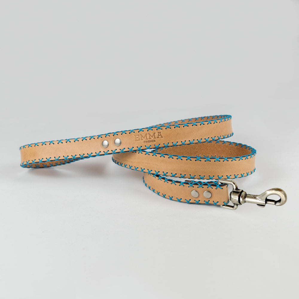 Natural Color Cowhide Leather Leash With Sky-Blue Weaves Emma Firenze