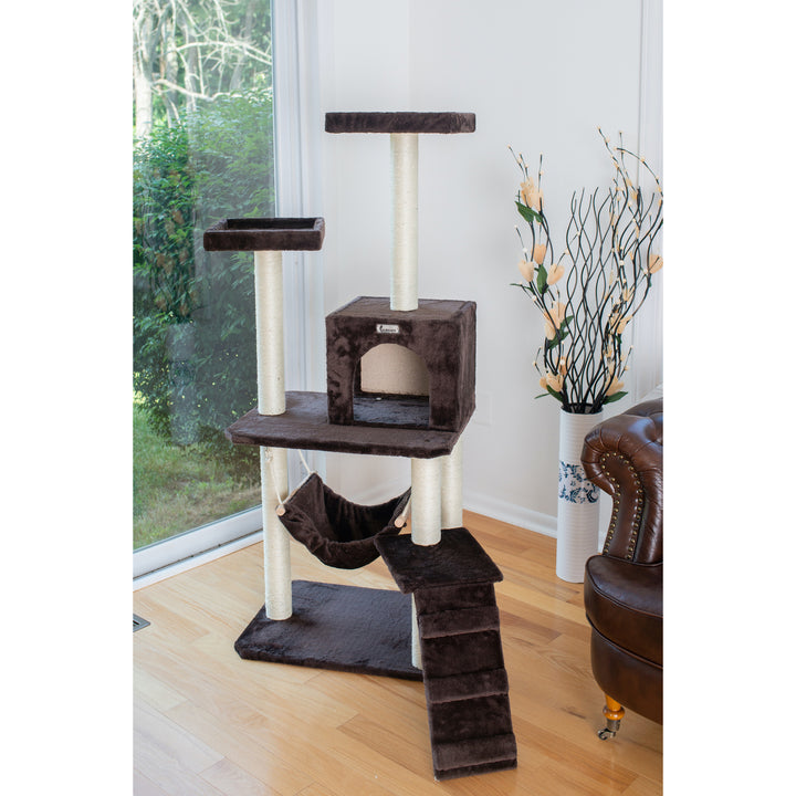 GleePet GP78570923  57-Inch Cat Tree In Coffee Brown With Four Levels, Ramp, Hammock And Condo