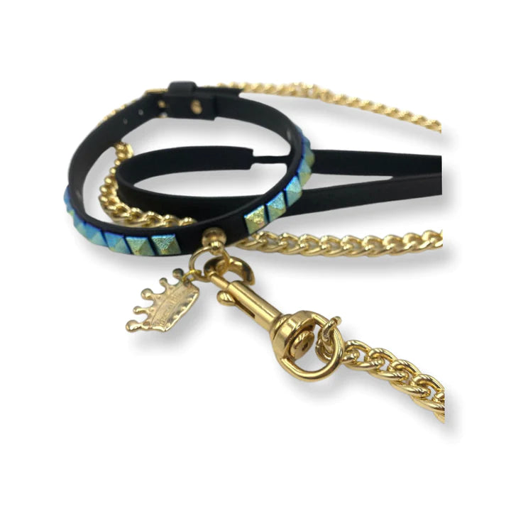 Fashion Collar and Chain Leash Set - Black with Metallic Studs