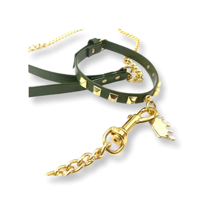 Fashion Collar and Chain Leash Set - Olive Green with Gold Studs