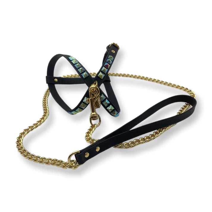 Fashion Dog Harness and Chain Leash Set - Black with Metallic Studs