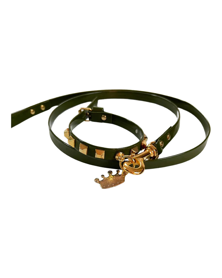 Fashion Collar and Plain Leash Set - Olive Green with Gold Studs