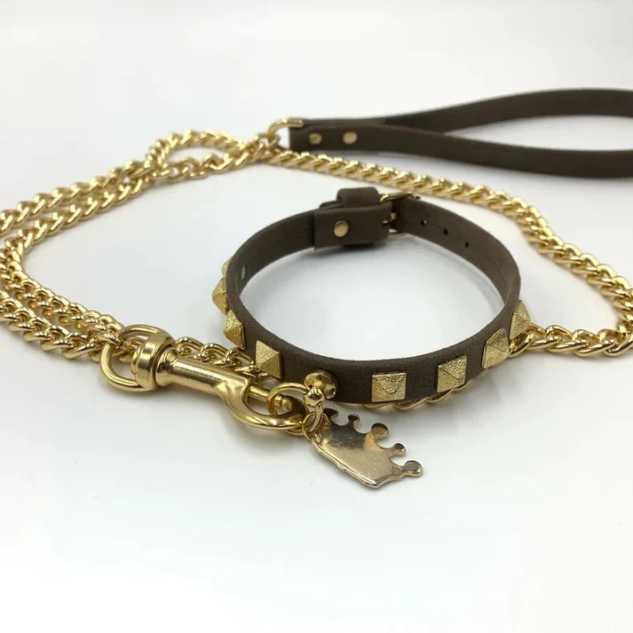 Fashion Collar and Chain Leash Set - Brown Faux Suede with Gold Studs
