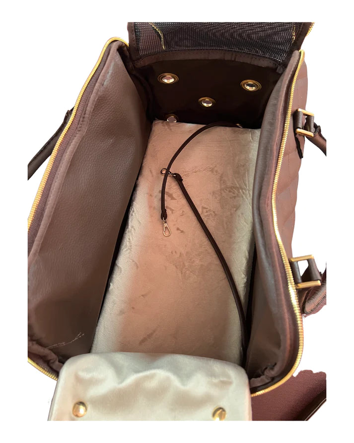 Designer Dog Travel Carrier - Chocolate with Gold Studs