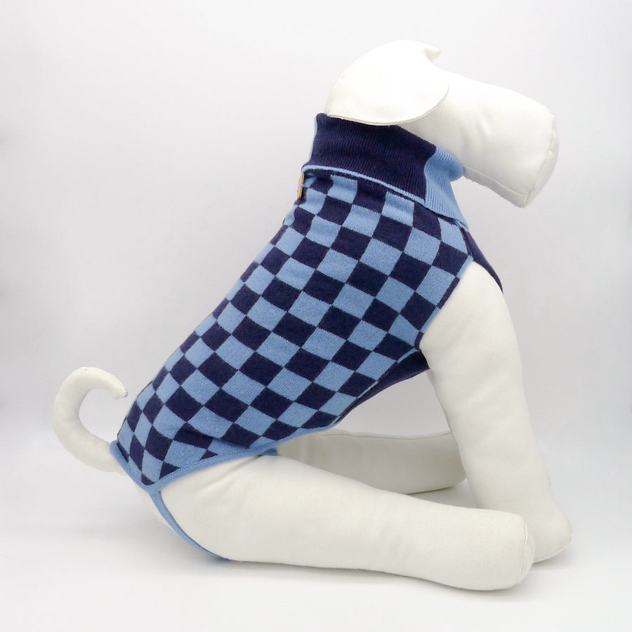 Made-To-Measure Sweater For Dogs In Light And Dark Blue Checkered Wool And Cashmere Emma Firenze