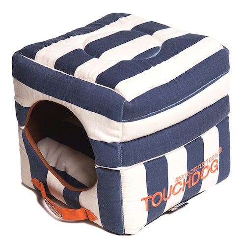 Blue Touchdog Polo-Striped Convertible And Reversible Squared 2-In-1 Collapsible Dog House Bed