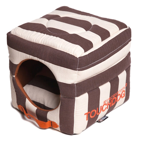 Cocoa Brown Touchdog Polo-Striped Convertible And Reversible Squared 2-In-1 Collapsible Dog House Bed