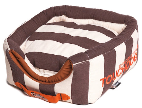 Cocoa Brown Touchdog Polo-Striped Convertible And Reversible Squared 2-In-1 Collapsible Dog House Bed