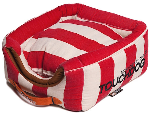 Red Touchdog Polo-Striped Convertible And Reversible Squared 2-In-1 Collapsible Dog House Bed
