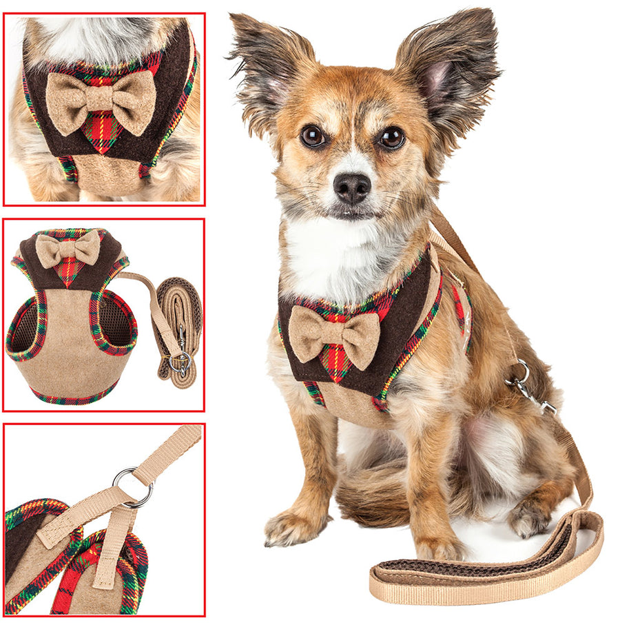 Pet Life LUXE 'Dapperbone' 2-in-1 Brown Mesh Reversed Adjustable Dog Harness-Leash w/ Fashion Bowtie