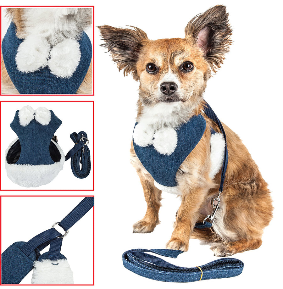 Pet Life LUXE 'Pom Draper' 2-in-1 Navy Blue Mesh Reversed Adjustable Dog Harness-Leash w/ Pom-Pom Bowtie