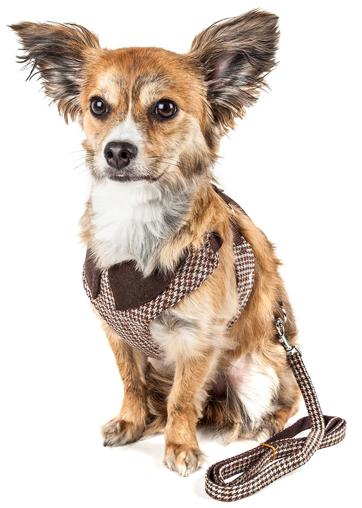 Pet Life LUXE 'Houndsome' 2-in-1 Brown Mesh Reversible Plaid Collared Adjustable Dog Harness-Leash