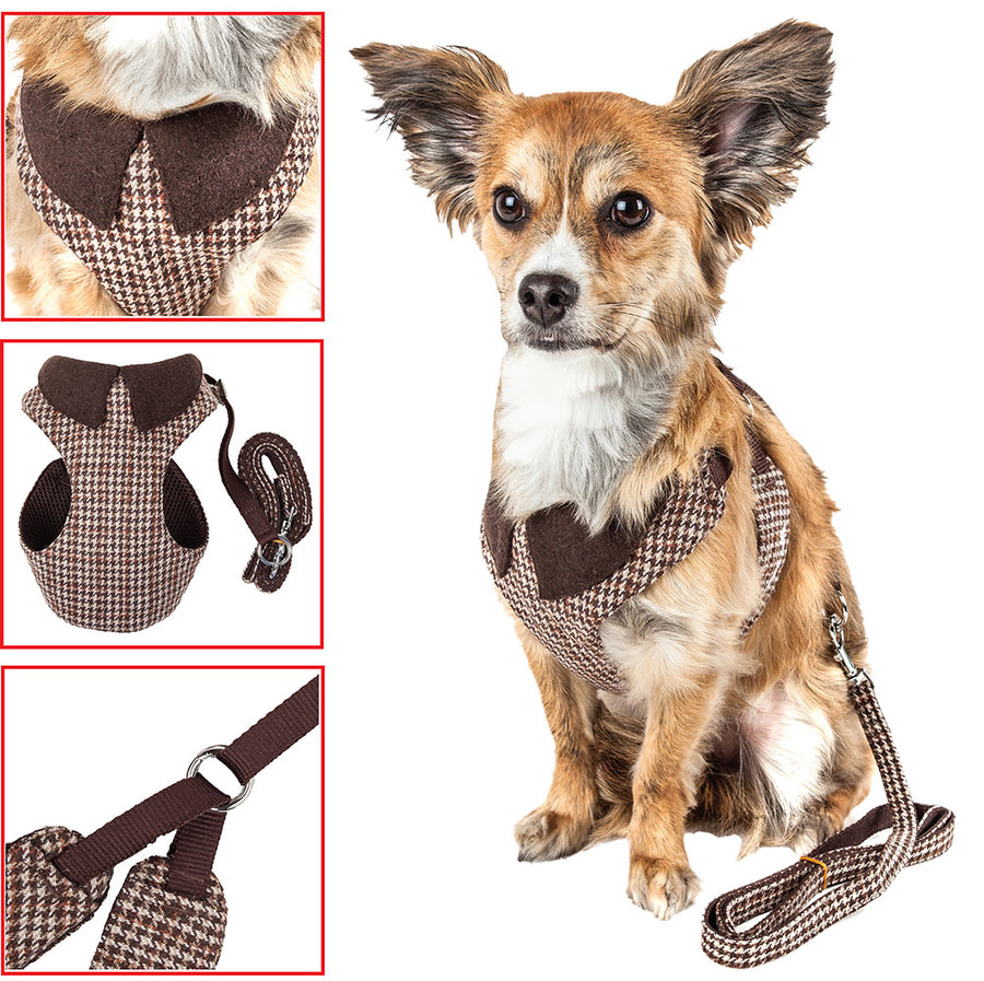 Pet Life LUXE 'Houndsome' 2-in-1 Brown Mesh Reversible Plaid Collared Adjustable Dog Harness-Leash