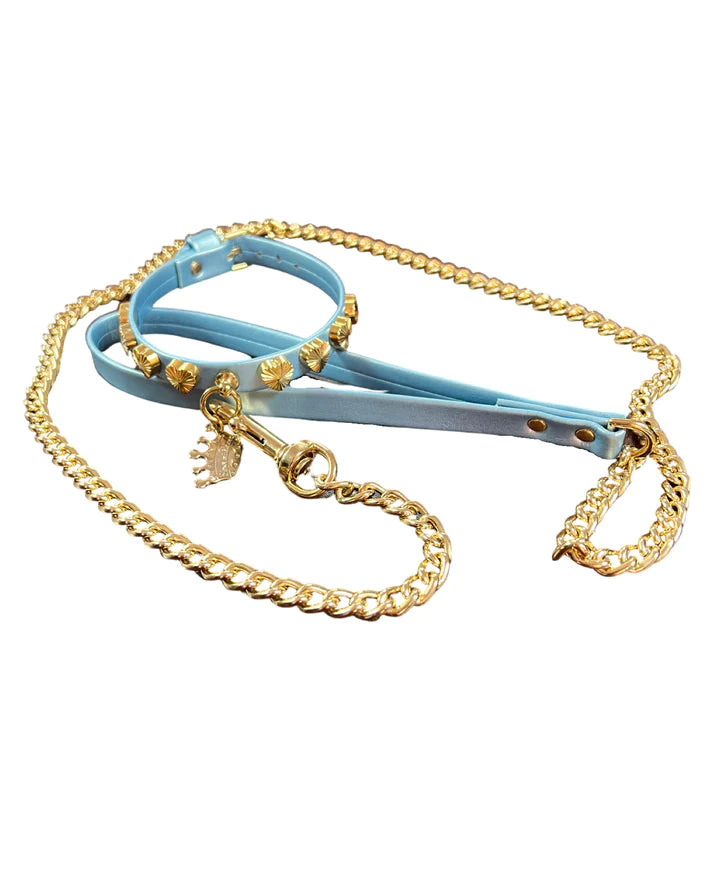 Fashion Collar and Chain Leash Set - Blue with Heart Studs
