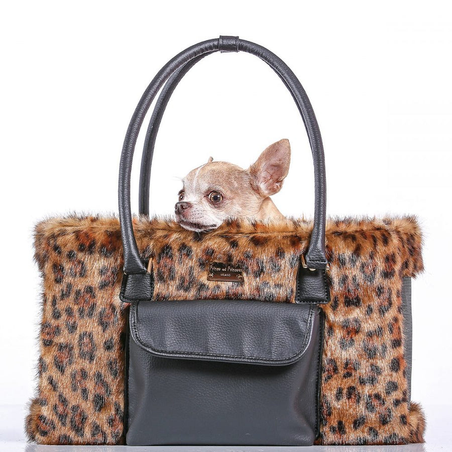 Designer Dog Travel Tote - Leopard Faux Fur