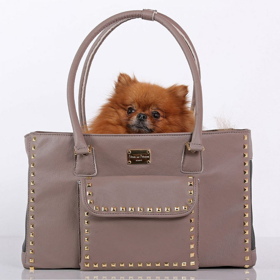 Designer Dog Travel Tote - Taupe with Gold Studs