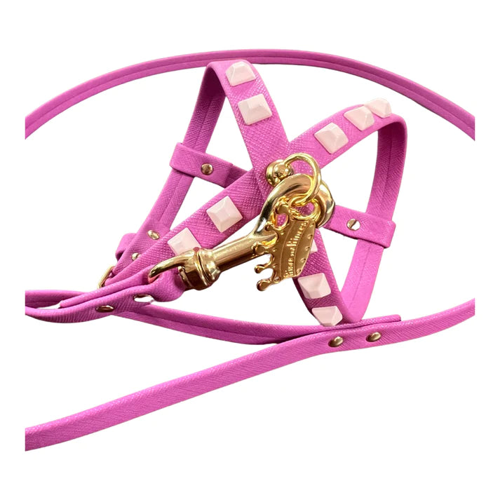Fashion Dog Harness and Leash Set - Fuchsia with Pink Studs