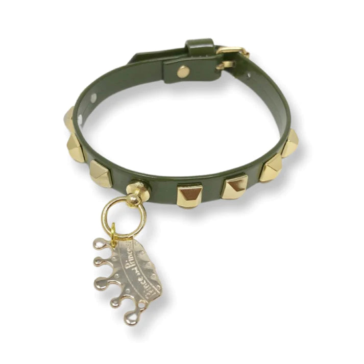 Fashion Collar and Chain Leash Set - Olive Green with Gold Studs