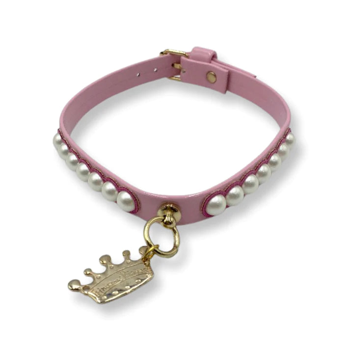 Fashion Collar and Plain Leash Set - Pink with Pearls