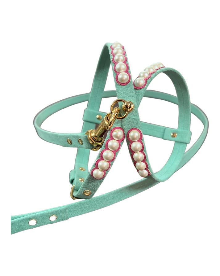 Fashion Dog Harness and Leash Set - Tiffany Blue with Pink and Pearls