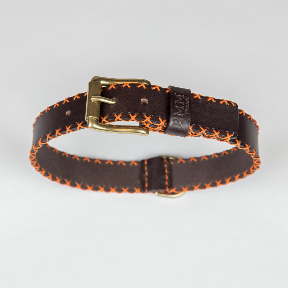 Dog Collar In Dark Brown Cowhide Leather With Orange Stitches Emma Firenze