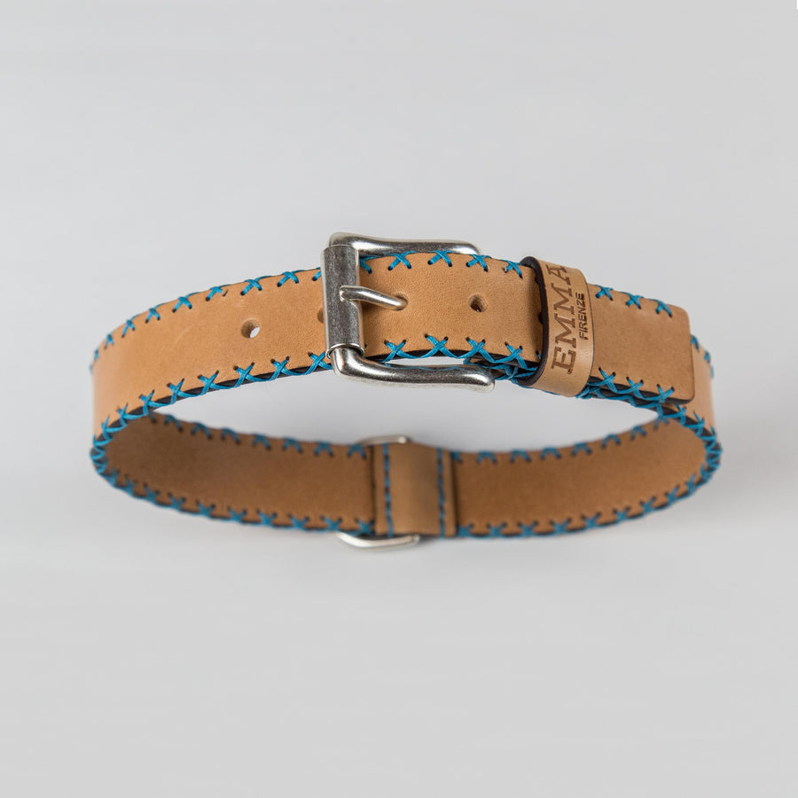 Dog Collar In Natural Cowhide Leather With Sky-Blue Stitches Emma Firenze